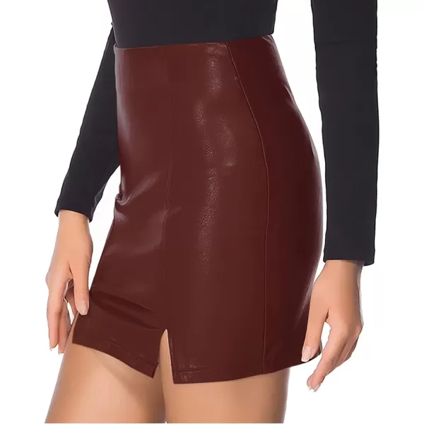 MANGOPOP Womens Basic High Waist Faux Leather Bodycon Mini Pencil SkirtWine Red