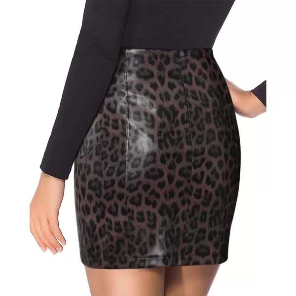 MANGOPOP Womens Basic High Waist Faux Leather Bodycon Mini Pencil SkirtWine Red Leopard Slits