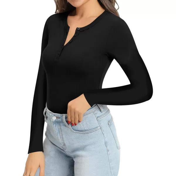 MANGOPOP Womens Bodysuit Long Sleeve Henley Body Suits Button Down Crew V Neck Ribbed Bodysuits Shirts TopsB Long Sleeve Black