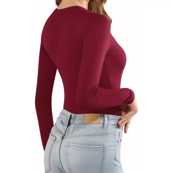 MANGOPOP Womens Bodysuit Long Sleeve Henley Body Suits Button Down Crew V Neck Ribbed Bodysuits Shirts TopsLong Sleeve Burgundy