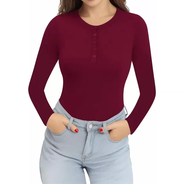 MANGOPOP Womens Bodysuit Long Sleeve Henley Body Suits Button Down Crew V Neck Ribbed Bodysuits Shirts TopsLong Sleeve Burgundy