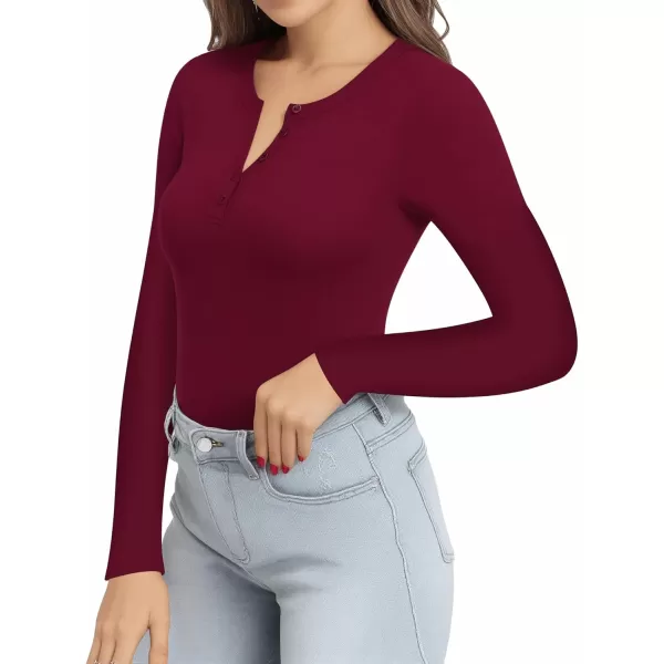 MANGOPOP Womens Bodysuit Long Sleeve Henley Body Suits Button Down Crew V Neck Ribbed Bodysuits Shirts TopsLong Sleeve Burgundy