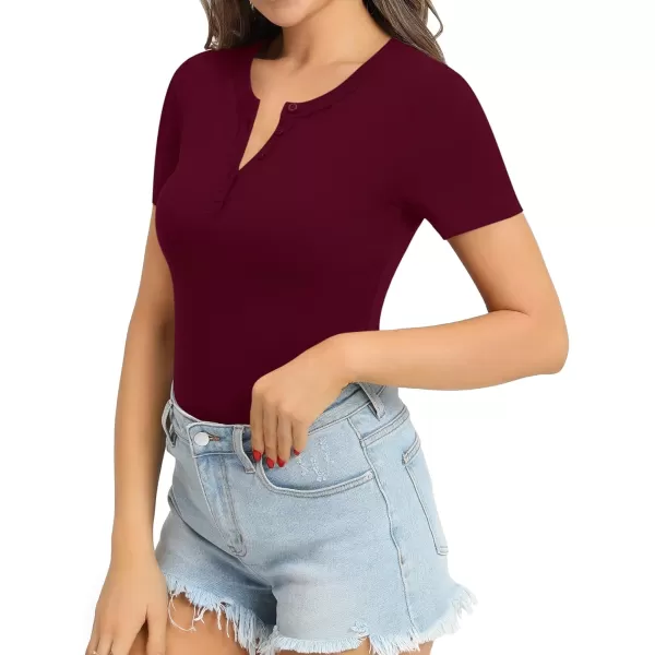 MANGOPOP Womens Bodysuit Long Sleeve Henley Body Suits Button Down Crew V Neck Ribbed Bodysuits Shirts TopsShort Sleeve Burgundy