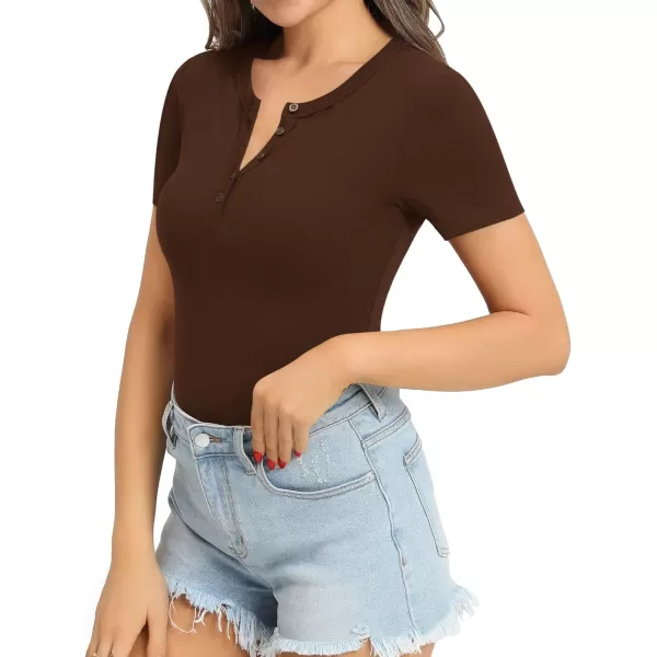 MANGOPOP Womens Bodysuit Long Sleeve Henley Body Suits Button Down Crew V Neck Ribbed Bodysuits Shirts TopsShort Sleeve Coffee