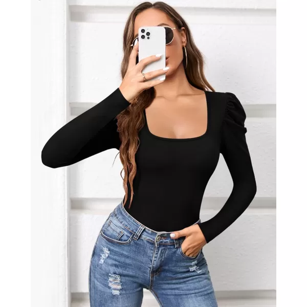 MANGOPOP Womens Bodysuit Puff Sleeve Square Neck Body suit for Women Long Sleeve Bodysuits Shirts Elegant T ShirtC Long Sleeve Black