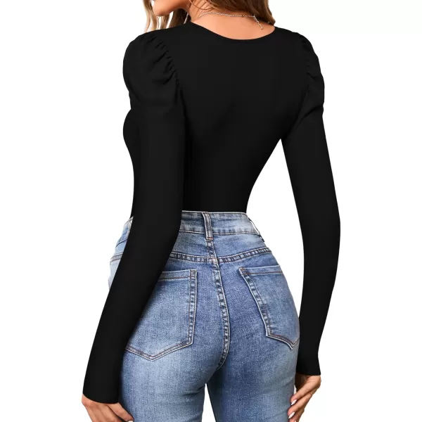 MANGOPOP Womens Bodysuit Puff Sleeve Square Neck Body suit for Women Long Sleeve Bodysuits Shirts Elegant T ShirtC Long Sleeve Black