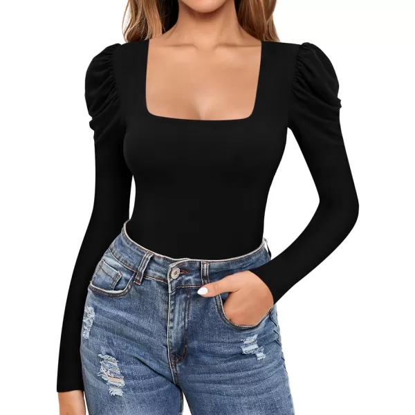 MANGOPOP Womens Bodysuit Puff Sleeve Square Neck Body suit for Women Long Sleeve Bodysuits Shirts Elegant T ShirtC Long Sleeve Black