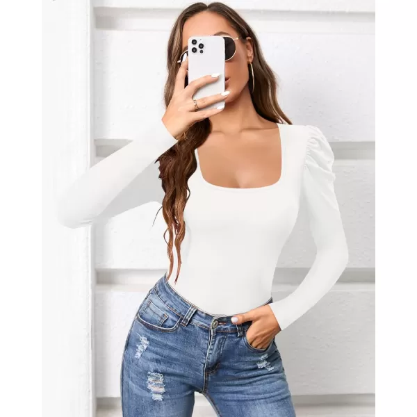 MANGOPOP Womens Bodysuit Puff Sleeve Square Neck Body suit for Women Long Sleeve Bodysuits Shirts Elegant T ShirtC Long Sleeve White