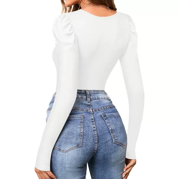 MANGOPOP Womens Bodysuit Puff Sleeve Square Neck Body suit for Women Long Sleeve Bodysuits Shirts Elegant T ShirtC Long Sleeve White