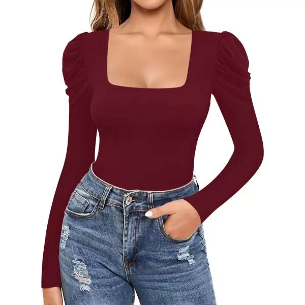 MANGOPOP Womens Bodysuit Puff Sleeve Square Neck Body suit for Women Long Sleeve Bodysuits Shirts Elegant T ShirtLong Sleeve Burgundy