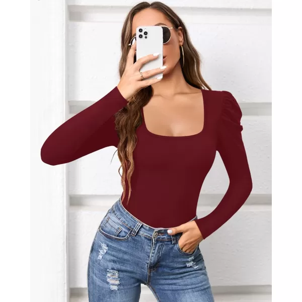 MANGOPOP Womens Bodysuit Puff Sleeve Square Neck Body suit for Women Long Sleeve Bodysuits Shirts Elegant T ShirtLong Sleeve Burgundy