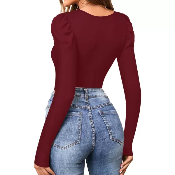 MANGOPOP Womens Bodysuit Puff Sleeve Square Neck Body suit for Women Long Sleeve Bodysuits Shirts Elegant T ShirtLong Sleeve Burgundy