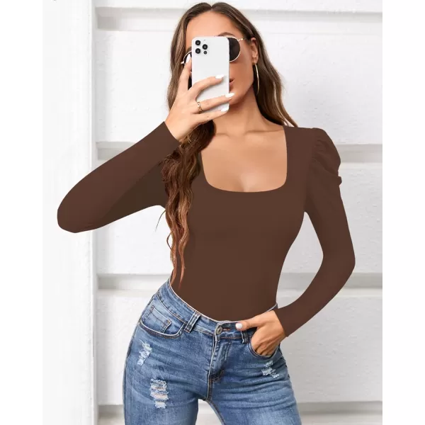 MANGOPOP Womens Bodysuit Puff Sleeve Square Neck Body suit for Women Long Sleeve Bodysuits Shirts Elegant T ShirtLong Sleeve Coffee