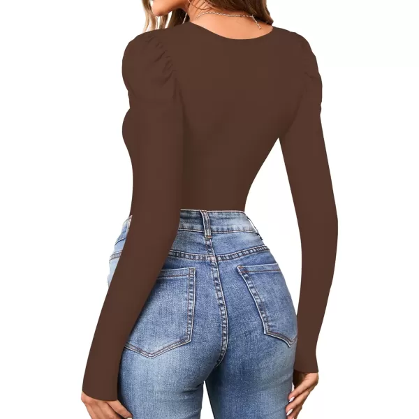 MANGOPOP Womens Bodysuit Puff Sleeve Square Neck Body suit for Women Long Sleeve Bodysuits Shirts Elegant T ShirtLong Sleeve Coffee