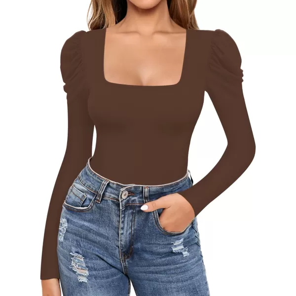 MANGOPOP Womens Bodysuit Puff Sleeve Square Neck Body suit for Women Long Sleeve Bodysuits Shirts Elegant T ShirtLong Sleeve Coffee