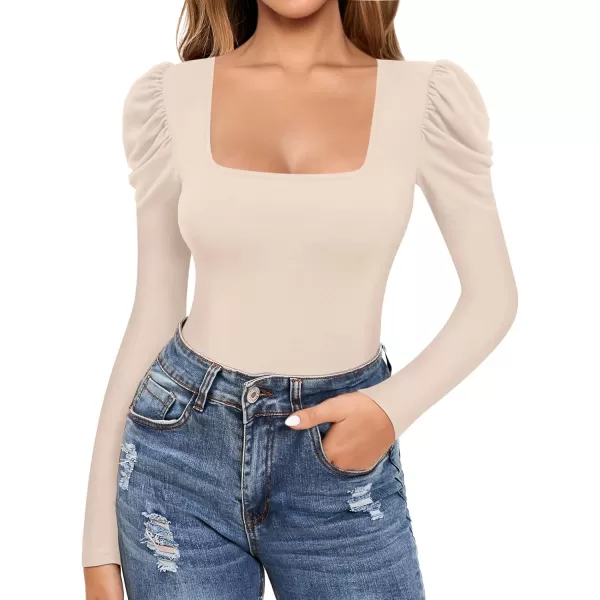 MANGOPOP Womens Bodysuit Puff Sleeve Square Neck Body suit for Women Long Sleeve Bodysuits Shirts Elegant T ShirtLong Sleeve Nude