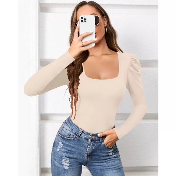 MANGOPOP Womens Bodysuit Puff Sleeve Square Neck Body suit for Women Long Sleeve Bodysuits Shirts Elegant T ShirtLong Sleeve Nude