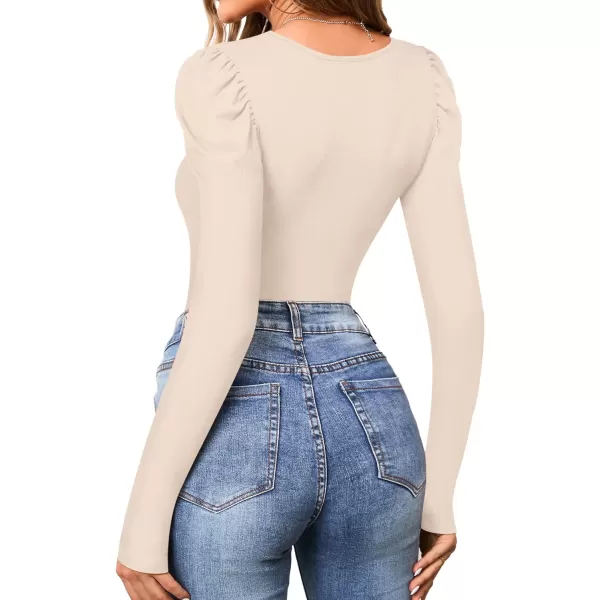 MANGOPOP Womens Bodysuit Puff Sleeve Square Neck Body suit for Women Long Sleeve Bodysuits Shirts Elegant T ShirtLong Sleeve Nude