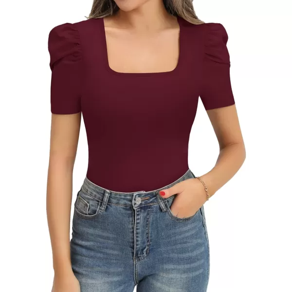 MANGOPOP Womens Bodysuit Puff Sleeve Square Neck Body suit for Women Long Sleeve Bodysuits Shirts Elegant T ShirtShort Sleeve Burgundy