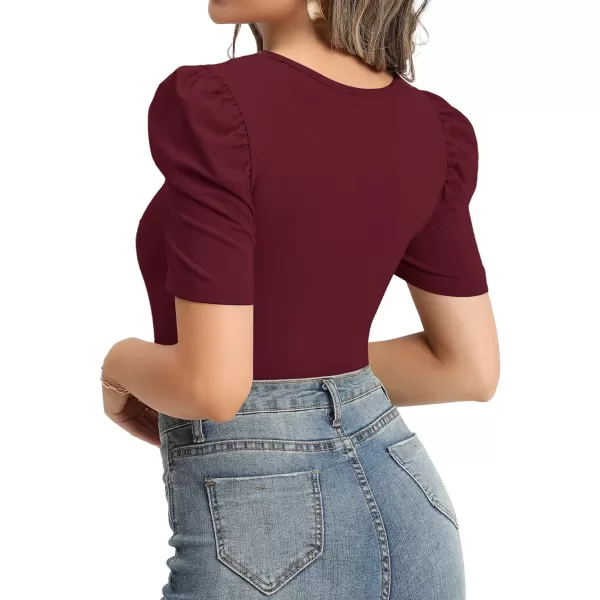 MANGOPOP Womens Bodysuit Puff Sleeve Square Neck Body suit for Women Long Sleeve Bodysuits Shirts Elegant T ShirtShort Sleeve Burgundy