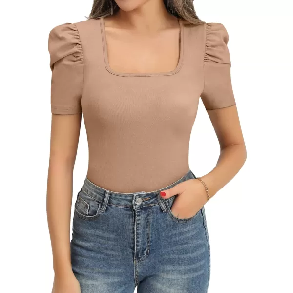 MANGOPOP Womens Bodysuit Puff Sleeve Square Neck Body suit for Women Long Sleeve Bodysuits Shirts Elegant T ShirtShort Sleeve Mocha