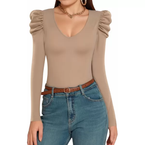 MANGOPOP Womens Bodysuit Puff Sleeve V Neck Body Suits Long Sleeve for Women Tops Elegant CasualLong Sleeve Mocha