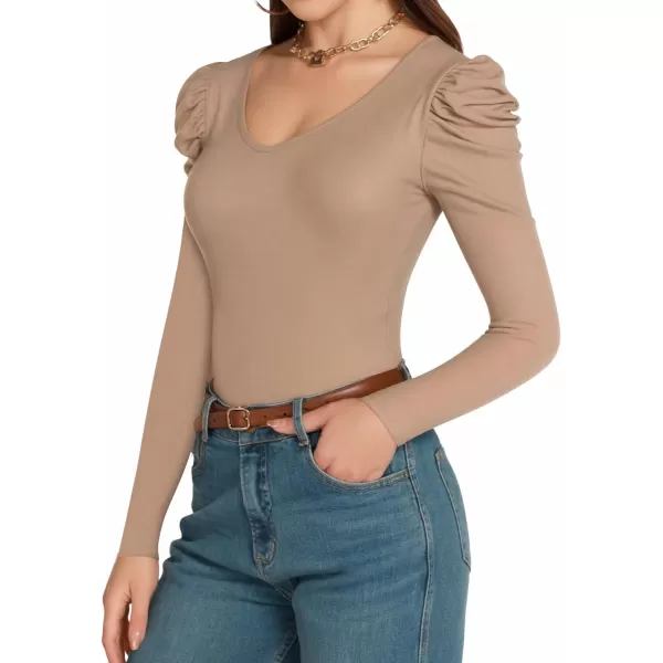 MANGOPOP Womens Bodysuit Puff Sleeve V Neck Body Suits Long Sleeve for Women Tops Elegant CasualLong Sleeve Mocha