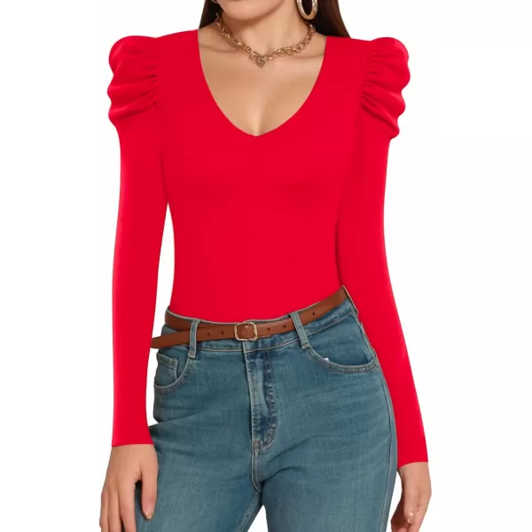 MANGOPOP Womens Bodysuit Puff Sleeve V Neck Body Suits Long Sleeve for Women Tops Elegant CasualLong Sleeve Red