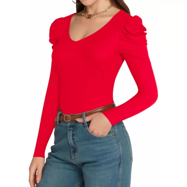 MANGOPOP Womens Bodysuit Puff Sleeve V Neck Body Suits Long Sleeve for Women Tops Elegant CasualLong Sleeve Red