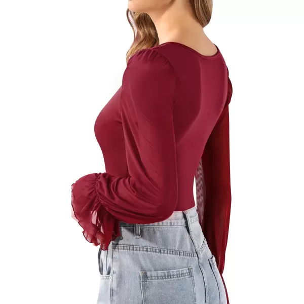 MANGOPOP Womens Bodysuit Sexy Square Neck Sheer Mesh Ruffle Puff Short Sleeve Slim Fit Blouse Body Suits Top Dressy CasualA Long Sleeve Burgundy