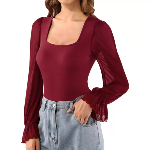 MANGOPOP Womens Bodysuit Sexy Square Neck Sheer Mesh Ruffle Puff Short Sleeve Slim Fit Blouse Body Suits Top Dressy CasualA Long Sleeve Burgundy