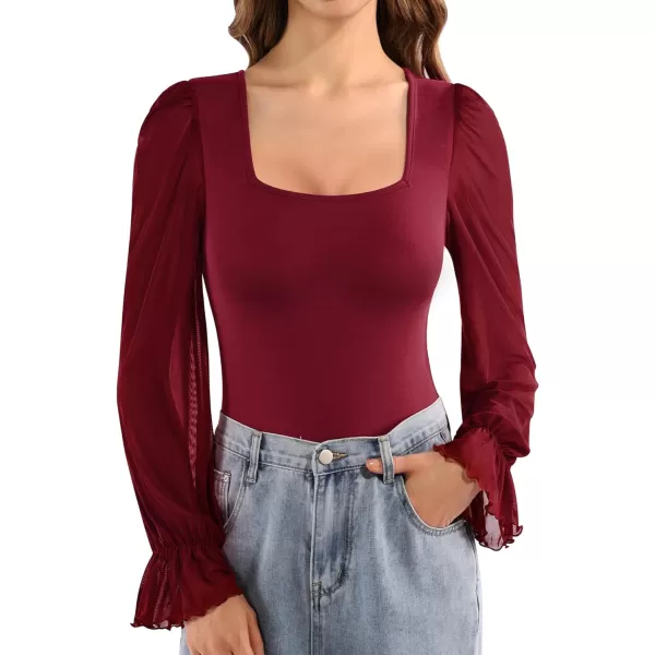 MANGOPOP Womens Bodysuit Sexy Square Neck Sheer Mesh Ruffle Puff Short Sleeve Slim Fit Blouse Body Suits Top Dressy CasualA Long Sleeve Burgundy