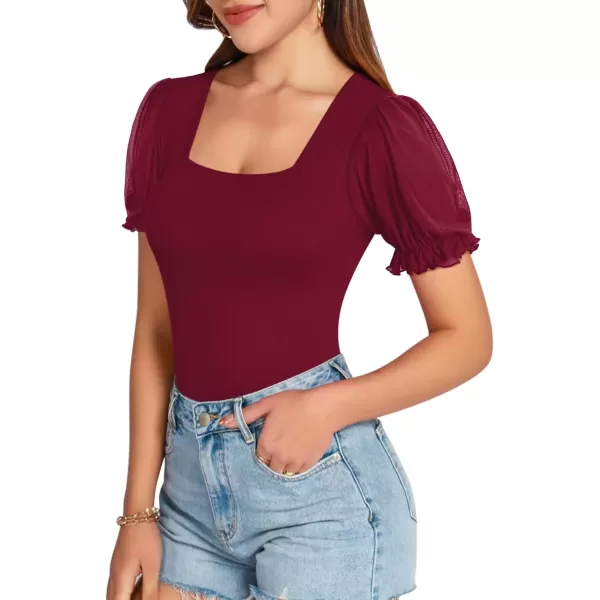 MANGOPOP Womens Bodysuit Sexy Square Neck Sheer Mesh Ruffle Puff Short Sleeve Slim Fit Blouse Body Suits Top Dressy CasualShort Sleeve Burgundy