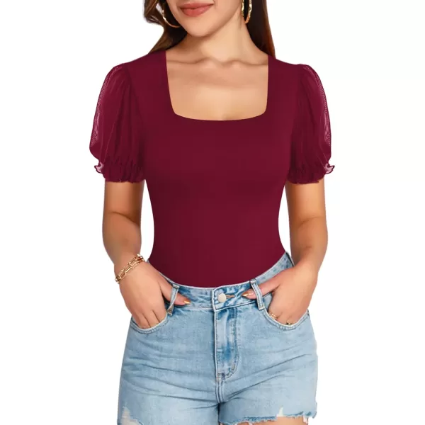 MANGOPOP Womens Bodysuit Sexy Square Neck Sheer Mesh Ruffle Puff Short Sleeve Slim Fit Blouse Body Suits Top Dressy CasualShort Sleeve Burgundy