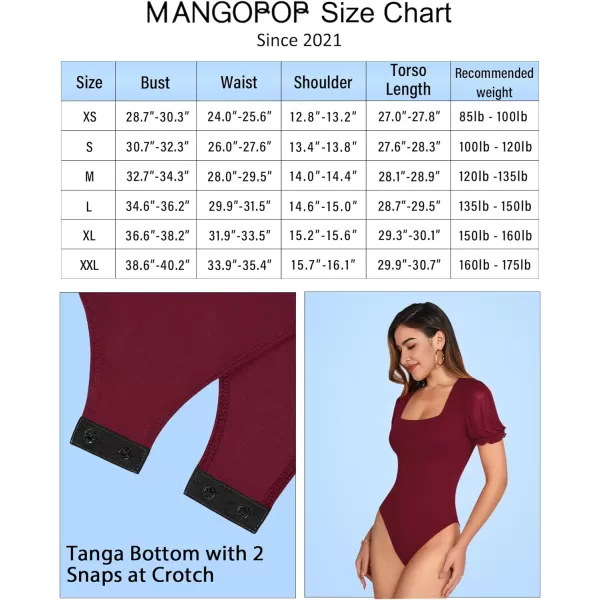 MANGOPOP Womens Bodysuit Sexy Square Neck Sheer Mesh Ruffle Puff Short Sleeve Slim Fit Blouse Body Suits Top Dressy CasualShort Sleeve Burgundy