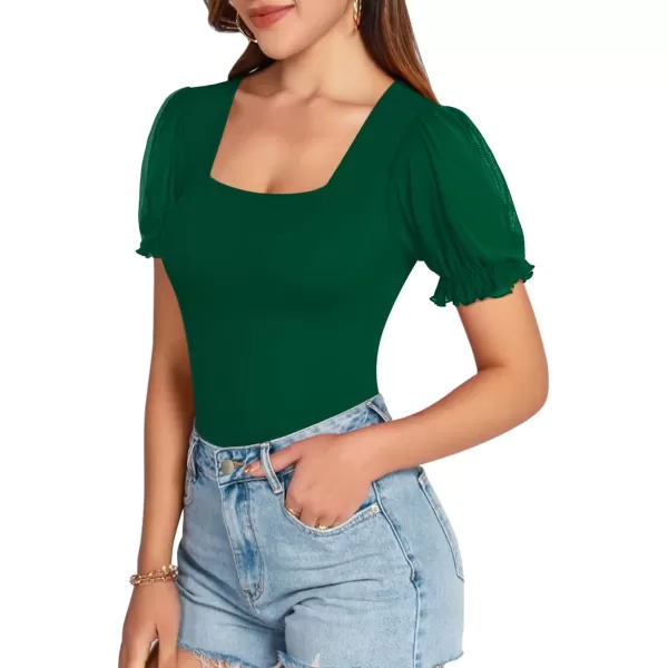 MANGOPOP Womens Bodysuit Sexy Square Neck Sheer Mesh Ruffle Puff Short Sleeve Slim Fit Blouse Body Suits Top Dressy CasualShort Sleeve Dark Green