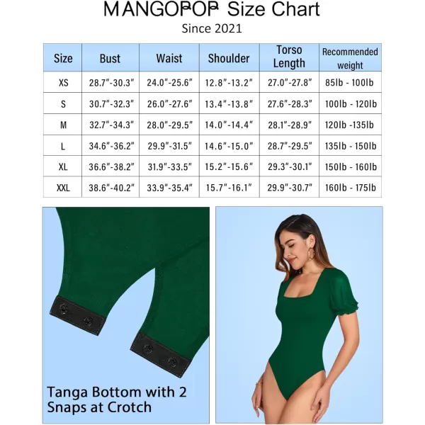 MANGOPOP Womens Bodysuit Sexy Square Neck Sheer Mesh Ruffle Puff Short Sleeve Slim Fit Blouse Body Suits Top Dressy CasualShort Sleeve Dark Green