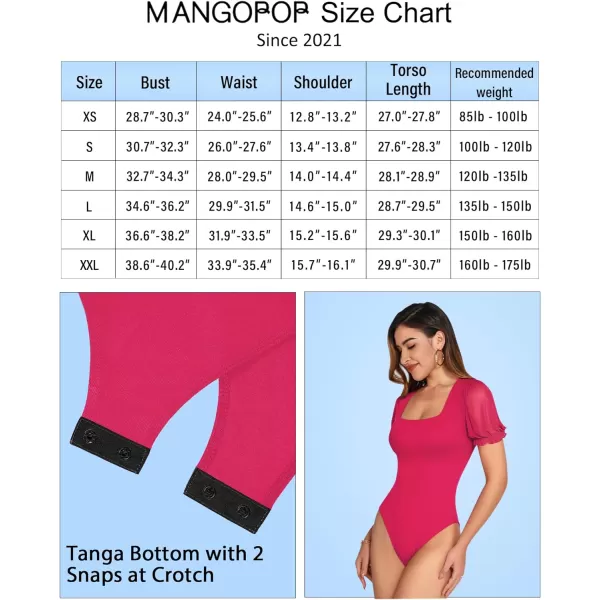 MANGOPOP Womens Bodysuit Sexy Square Neck Sheer Mesh Ruffle Puff Short Sleeve Slim Fit Blouse Body Suits Top Dressy CasualShort Sleeve Hot Pink