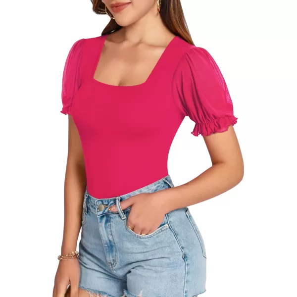 MANGOPOP Womens Bodysuit Sexy Square Neck Sheer Mesh Ruffle Puff Short Sleeve Slim Fit Blouse Body Suits Top Dressy CasualShort Sleeve Hot Pink