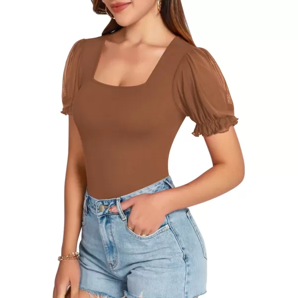 MANGOPOP Womens Bodysuit Sexy Square Neck Sheer Mesh Ruffle Puff Short Sleeve Slim Fit Blouse Body Suits Top Dressy CasualShort Sleeve Light Coffee