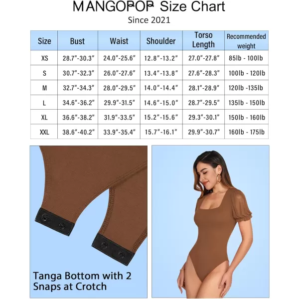 MANGOPOP Womens Bodysuit Sexy Square Neck Sheer Mesh Ruffle Puff Short Sleeve Slim Fit Blouse Body Suits Top Dressy CasualShort Sleeve Light Coffee