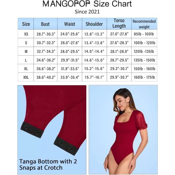 MANGOPOP Womens Bodysuit Sexy Square Neck Sheer Mesh Ruffle Puff Short Sleeve Slim Fit Blouse Body Suits Top Dressy CasualShort Sleeve Wine Red