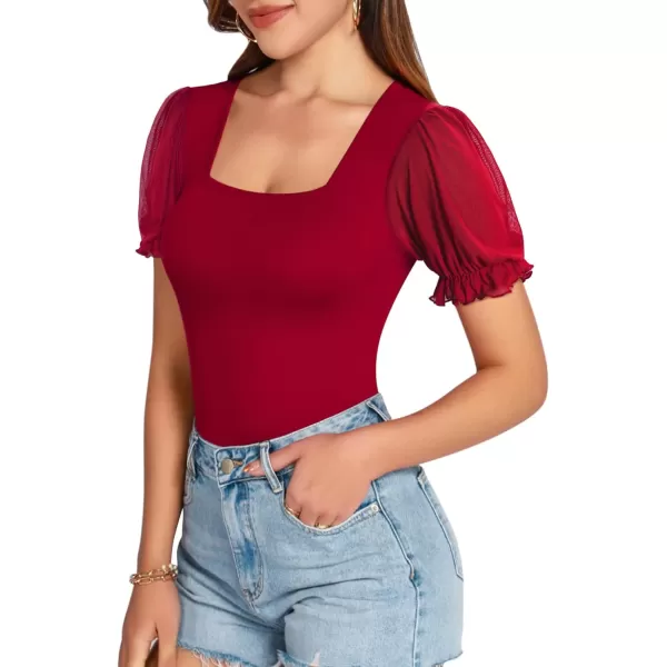 MANGOPOP Womens Bodysuit Sexy Square Neck Sheer Mesh Ruffle Puff Short Sleeve Slim Fit Blouse Body Suits Top Dressy CasualShort Sleeve Wine Red