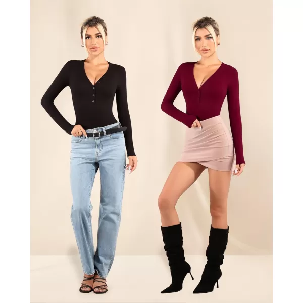 MANGOPOP Womens Button Down Henley Bodysuit V Neck Long Sleeve Body Suit Tops Casual T ShirtBurgundy