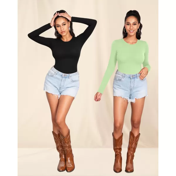 MANGOPOP Womens Crew Neck Long Sleeve Bodysuit T Shirts Basic TopsFern Green