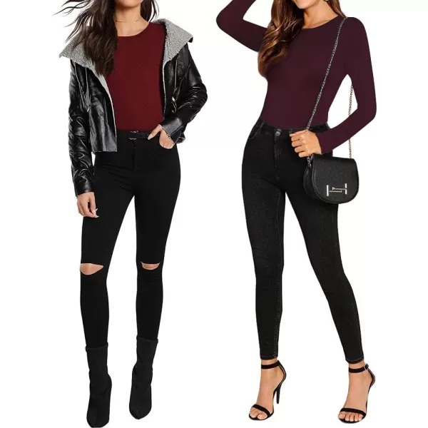 MANGOPOP Womens Crew Neck Short Sleeve Long Sleeve T Shirts Basic BodysuitLong Sleeve Burgundy