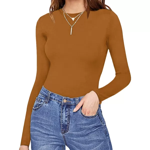 MANGOPOP Womens Crew Neck Short Sleeve Long Sleeve T Shirts Basic BodysuitLong Sleeve Camel