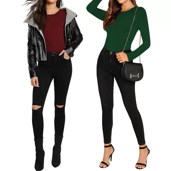 MANGOPOP Womens Crew Neck Short Sleeve Long Sleeve T Shirts Basic BodysuitLong Sleeve Deep Green