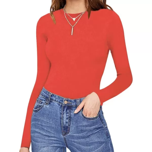 MANGOPOP Womens Crew Neck Short Sleeve Long Sleeve T Shirts Basic BodysuitLong Sleeve Orange