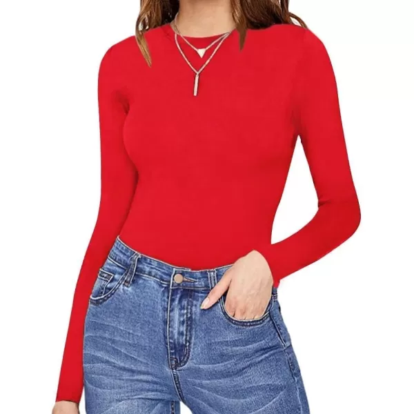 MANGOPOP Womens Crew Neck Short Sleeve Long Sleeve T Shirts Basic BodysuitLong Sleeve Red